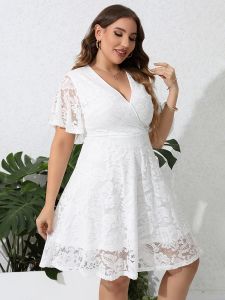 Plus Size Contrast Lace V Neck Ruffle Hem Midi Dress; Women's Plus Medium Stretch Elegant Bridal Wedding Dress