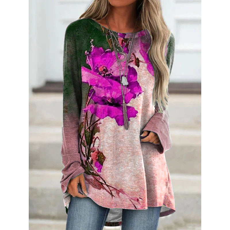 autumn and winter new women's tops fashion printing mid-length long-sleeved t-shirt