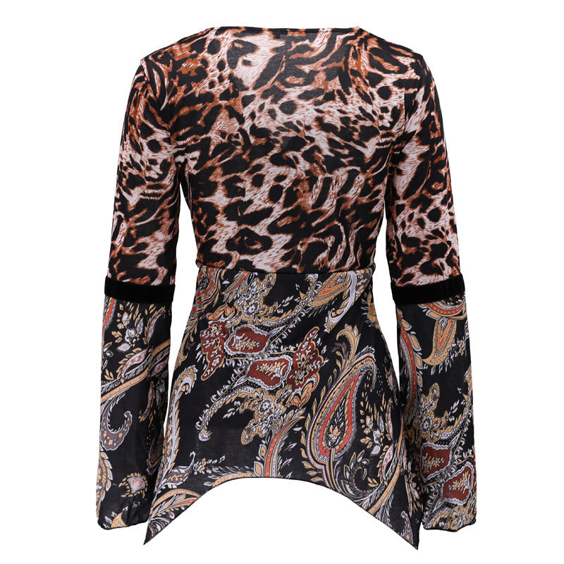 Europe and the new women's V-neck leopard stitching printing irregular hem trumpet sleeve t-shirt