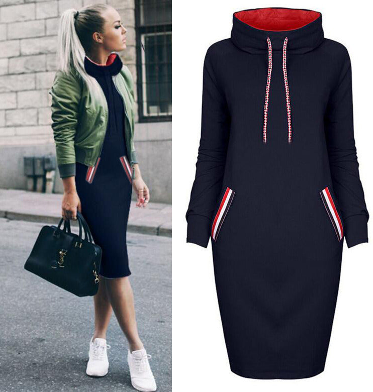 Women's Fashion Autumn Solid Color Loose Casual Long Sleeve Pocket High Collar Hoodie Dress