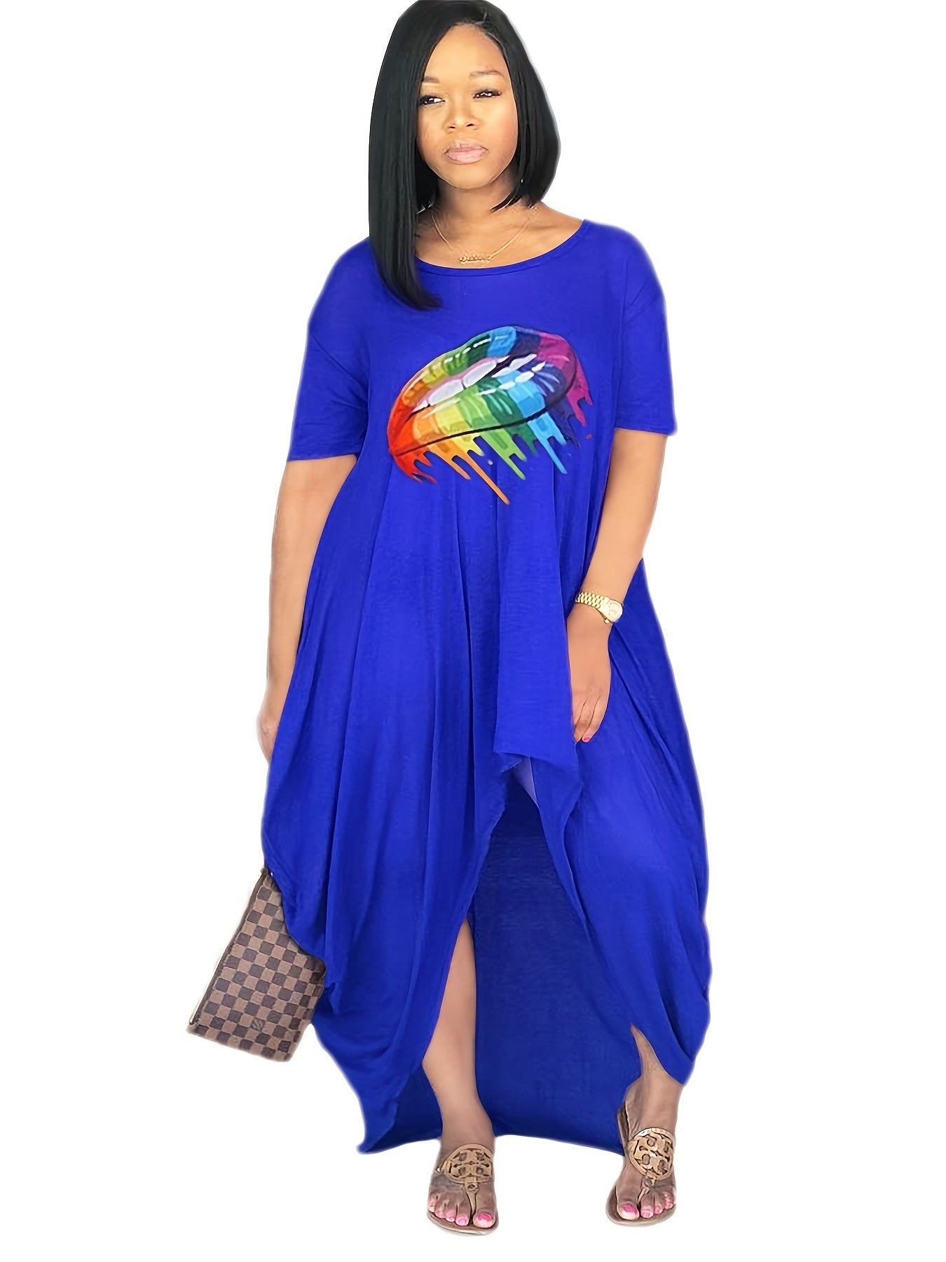 Plus Size Rainbow Color Lip Print Irregular Hem Dress; Women's Plus Casual Short Sleeve Dress