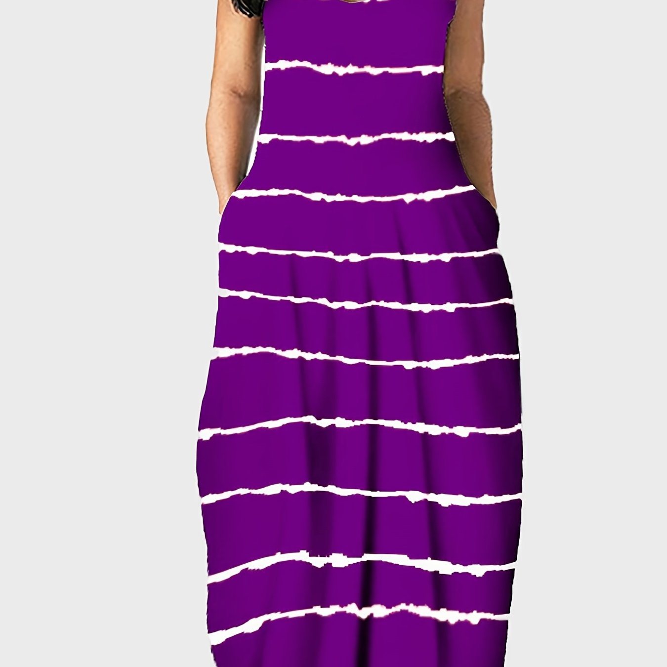 Plus Size Strip Print Cami Maxi Dress With Pockets; Women's Plus Slight Stretch V Neck Casual Long Dress