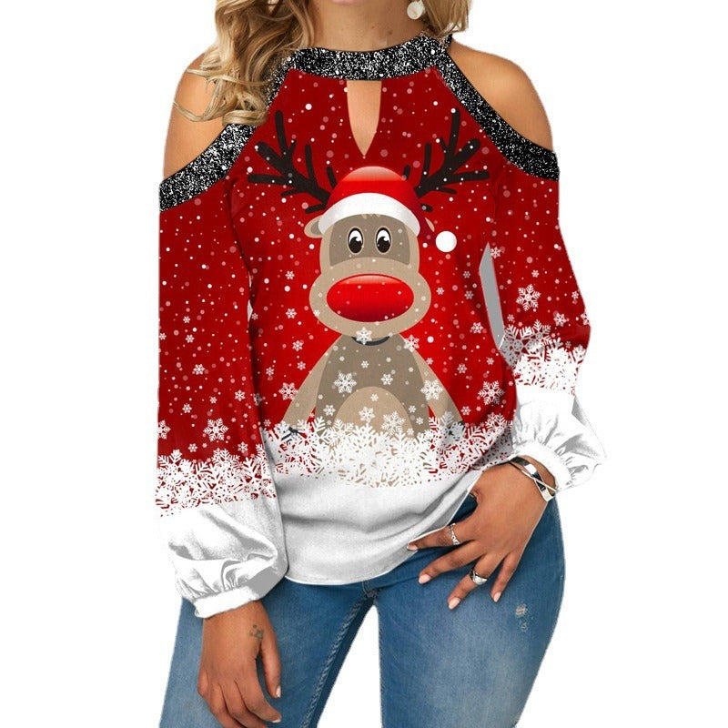 New Women's Christmas Elk Printed Sequin Off-the-shoulder Top Long Sleeve T-shirt Lantern Sleeve