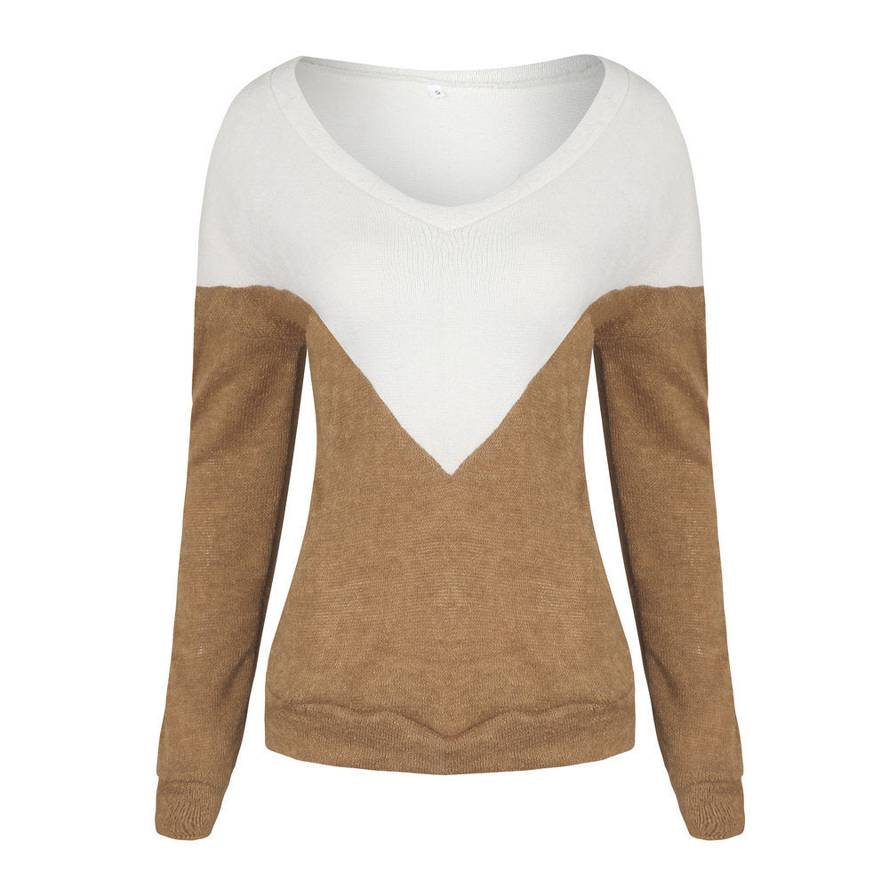 Hot Tops Sexy V-neck Featuring Colorblock Design Long Sleeved Tops