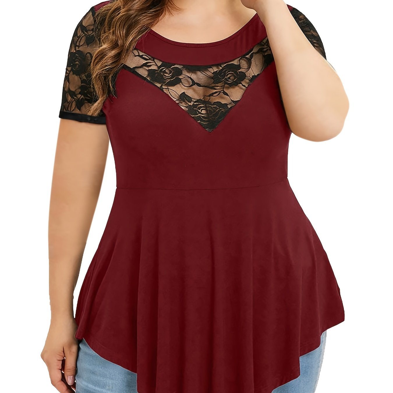 Plus Size Contrast Lace Colorblock Round Neck T-shirt; Women's Plus Irregular Hem Elegant Blouse