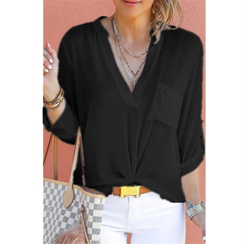 autumn women's new V-neck solid color chiffon pocket shirt