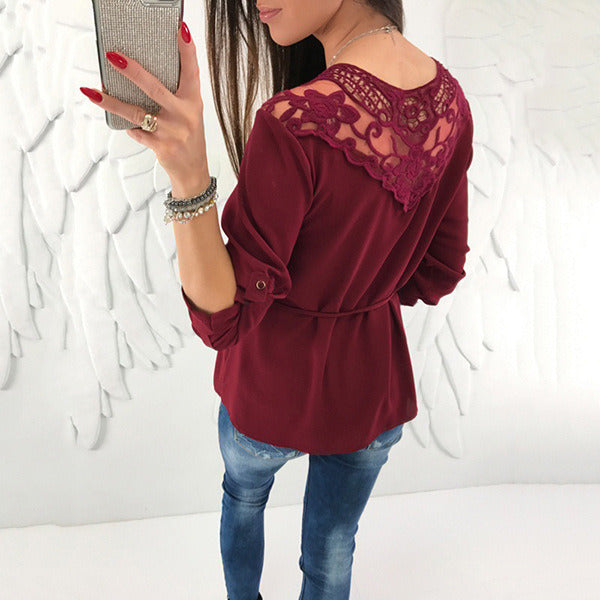 autumn sexy lace solid color long-sleeved V-neck zipper chiffon shirt top