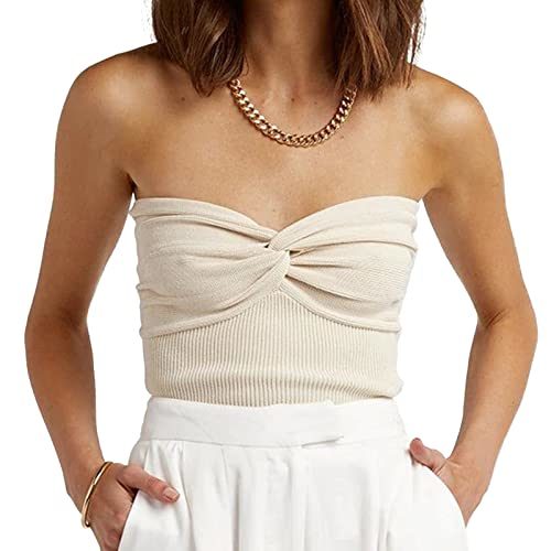 Womens Strapless Crop Top Sexy Sweetheart Neck Ribbed Knit Twisted Knot Front Sleeveless CamisoleTanks Top