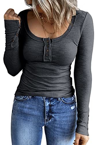 Women's Long Sleeve Shirts Casual Fall Henley Top Button Down Blouses Basic Ribbed Knit T Shirts