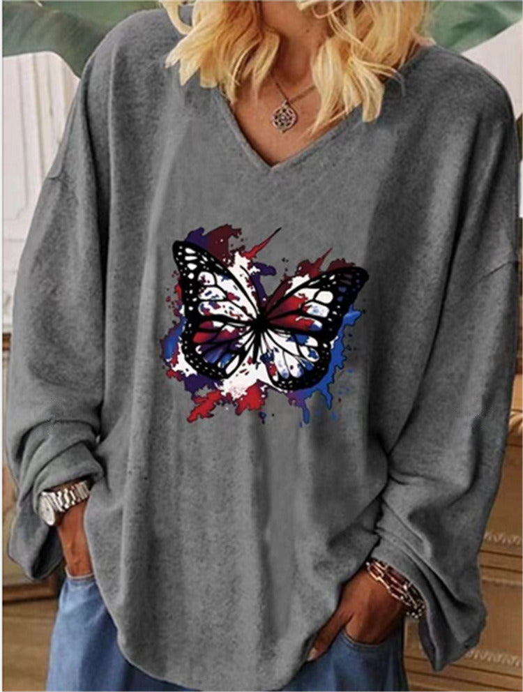 autumn and winter new women's butterfly print V-neck large size long-sleeved top