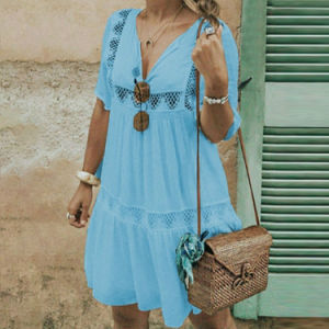 Summer New Women's Openwork V-neck Solid Color Dress