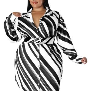 Plus Size Strip Print Lapel Collar Belted Mini Dress; Women's Plus Elegant Shirt Dress