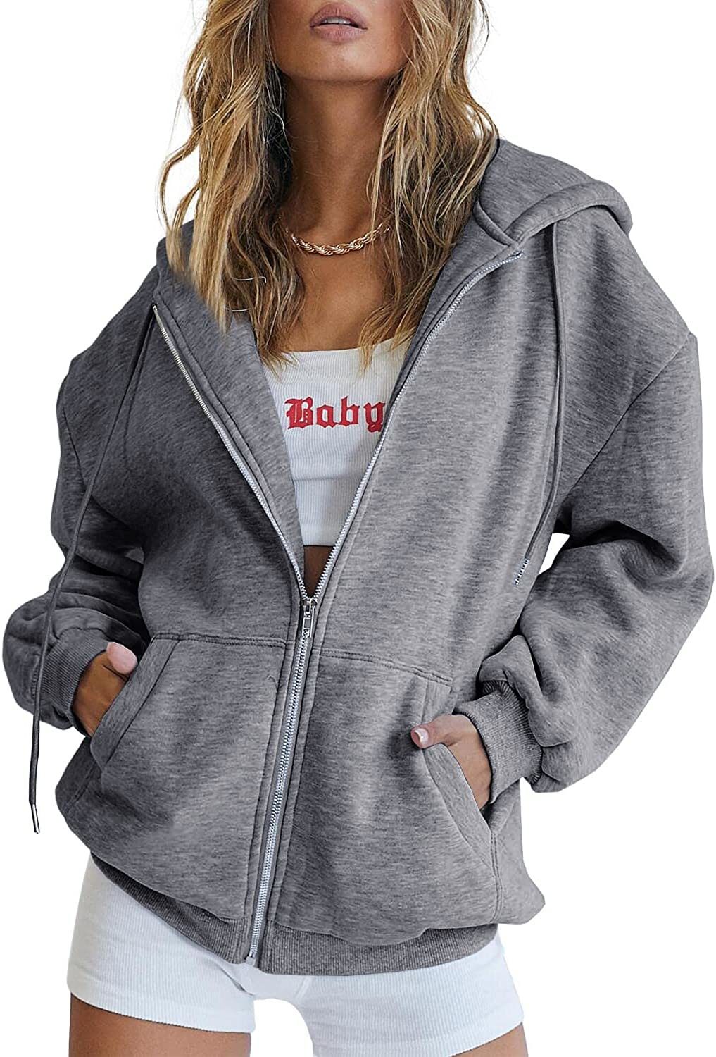 Women's Cute Hoodies Teen Girl Fall Jacket Oversized Sweatshirts Casual Drawstring Clothes Zip Up Y2K Hoodie with Pocket