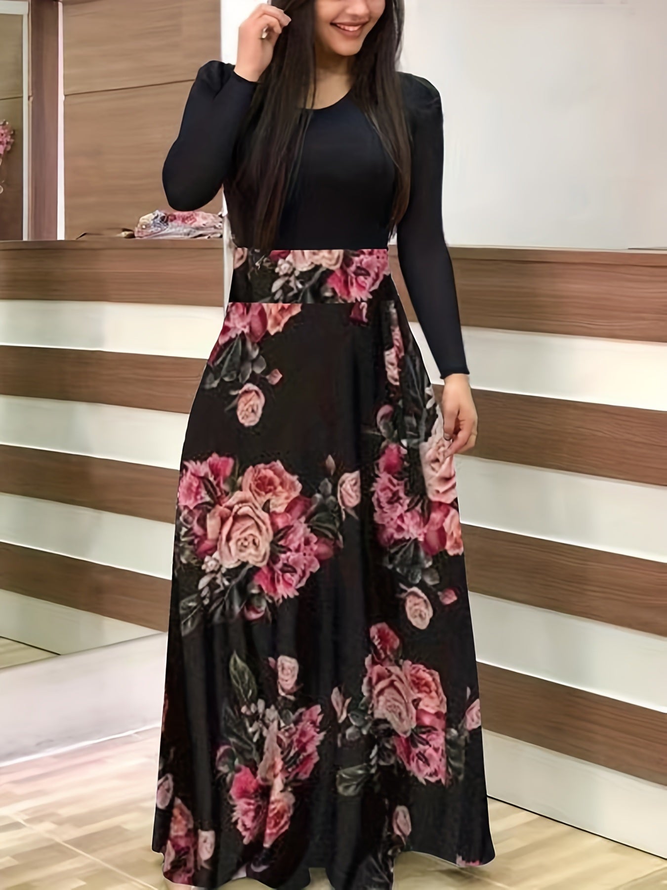 Plus Size Floral Print Round Neck Long Sleeve Maxi Dress; Women's Plus Colorblock Elegant Long Dress