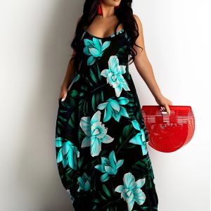 Plus Size Boho Dress; Women's Plus Floral Print V Neck High Stretch Cami Maxi Dress With Pockets