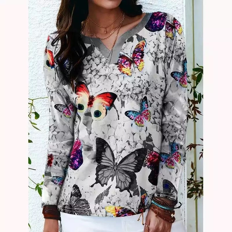 fashion women's fall/winter new loose V-neck butterfly print long-sleeved t-shirt