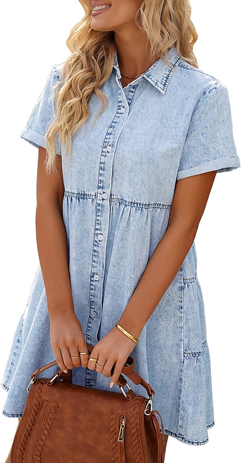 Denim Dress for Women Summer Dress Short Sleeve Button Down Tiered Babydoll Denim Jean Dress