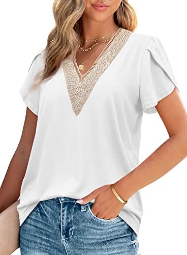 2023 Women's Summer Tops Casual Guipure Lace V Neck Short Petal Sleeve Shirts Tees T Shirt