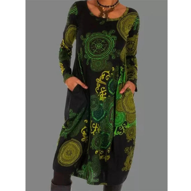 2021 Autumn Hedging Print Ethnic Dress Women New Fashion Splice O-Neck Long Sleeve Pockets Mid Dresses Female