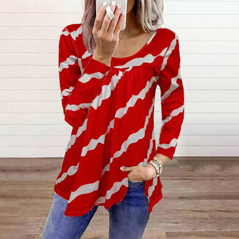 autumn and winter new women's tops striped printed loose long-sleeved t-shirt