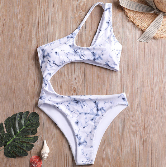 Europe and the United States new swimsuit ink printing sexy gathered irregular one-piece swimsuit