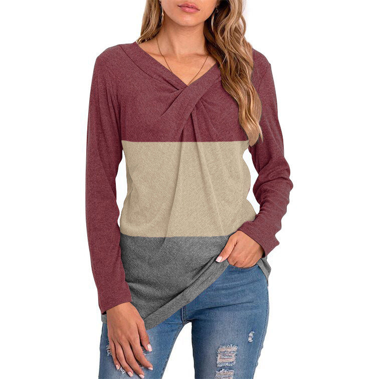 Autumn and Winter New Women's V-neck Long-sleeved Stitching T-shirt Tops Women's Bottoming Shirt