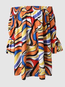 Plus Size Off Shoulder Ruffle Sleeve Geometric Print Shirred Midi Dress; Women's Plus Casual Shirred Midi Dress