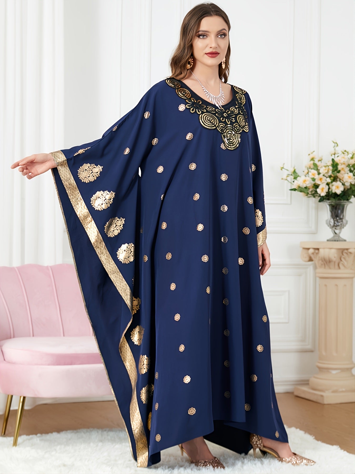 Plus Size Batwing Sleeve Abaya Long Dress; Women's Plus Loose Fit Round Neck Abaya Dress