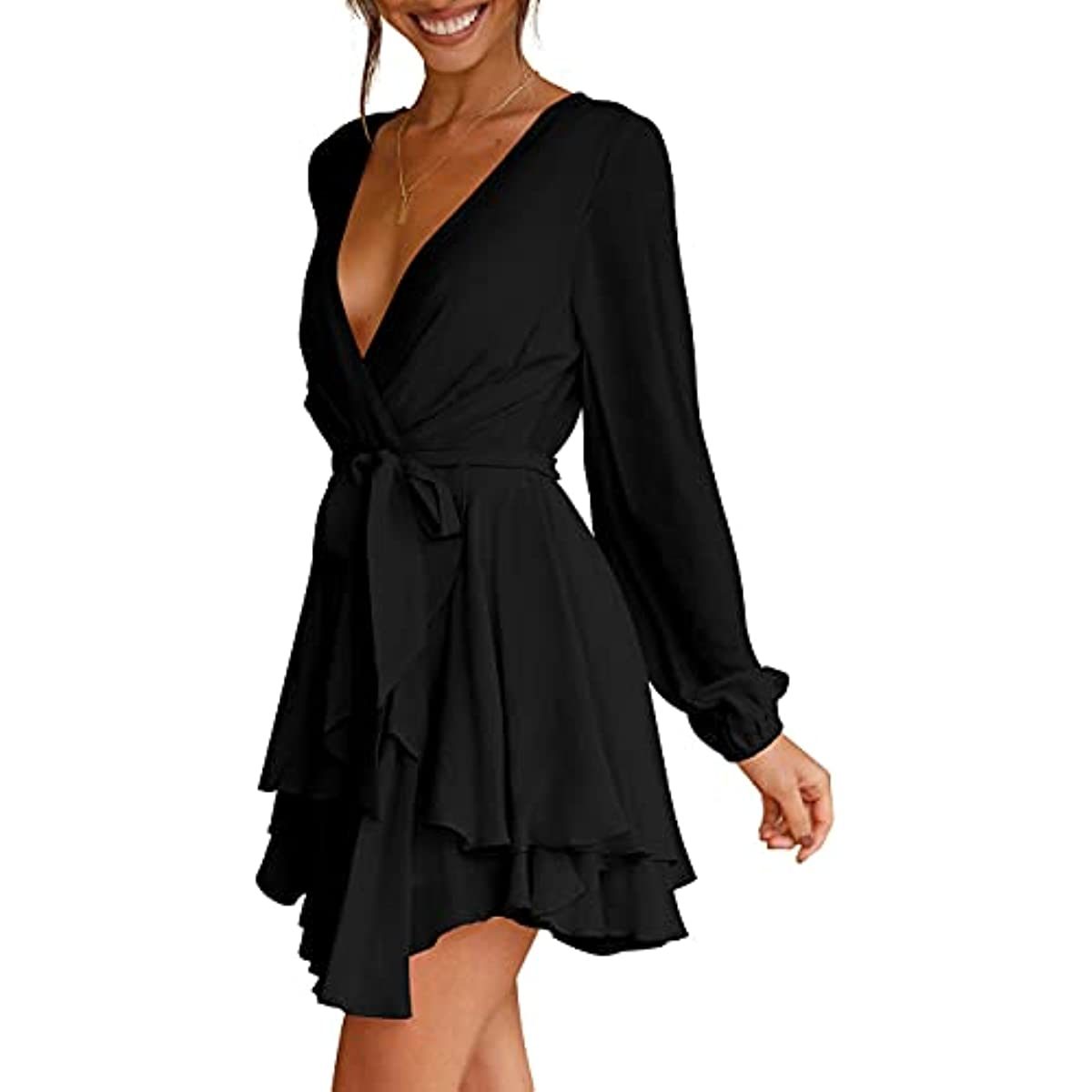 Women's Dress Deep V-Neck Long Sleeve Waist Tie Ruffle Mini Swing Skater Dresses