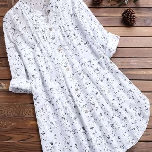 Plus Size Cotton Floral Print Long Sleeve Midi Dress; Women's Plus Casual Button Front Dress