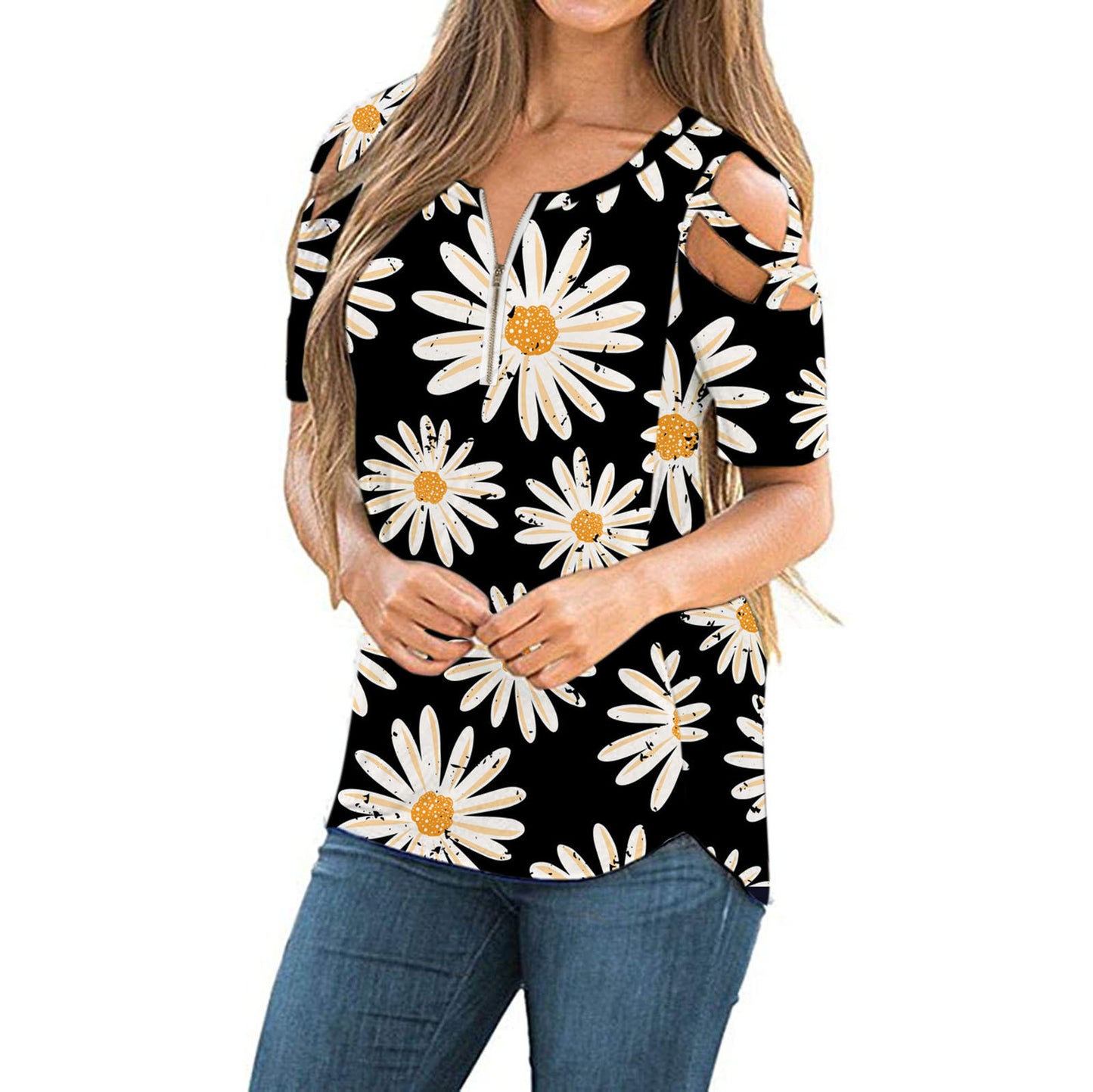 New Women's Printed Loose Cross Strapless Zipper V-neck T-shirt