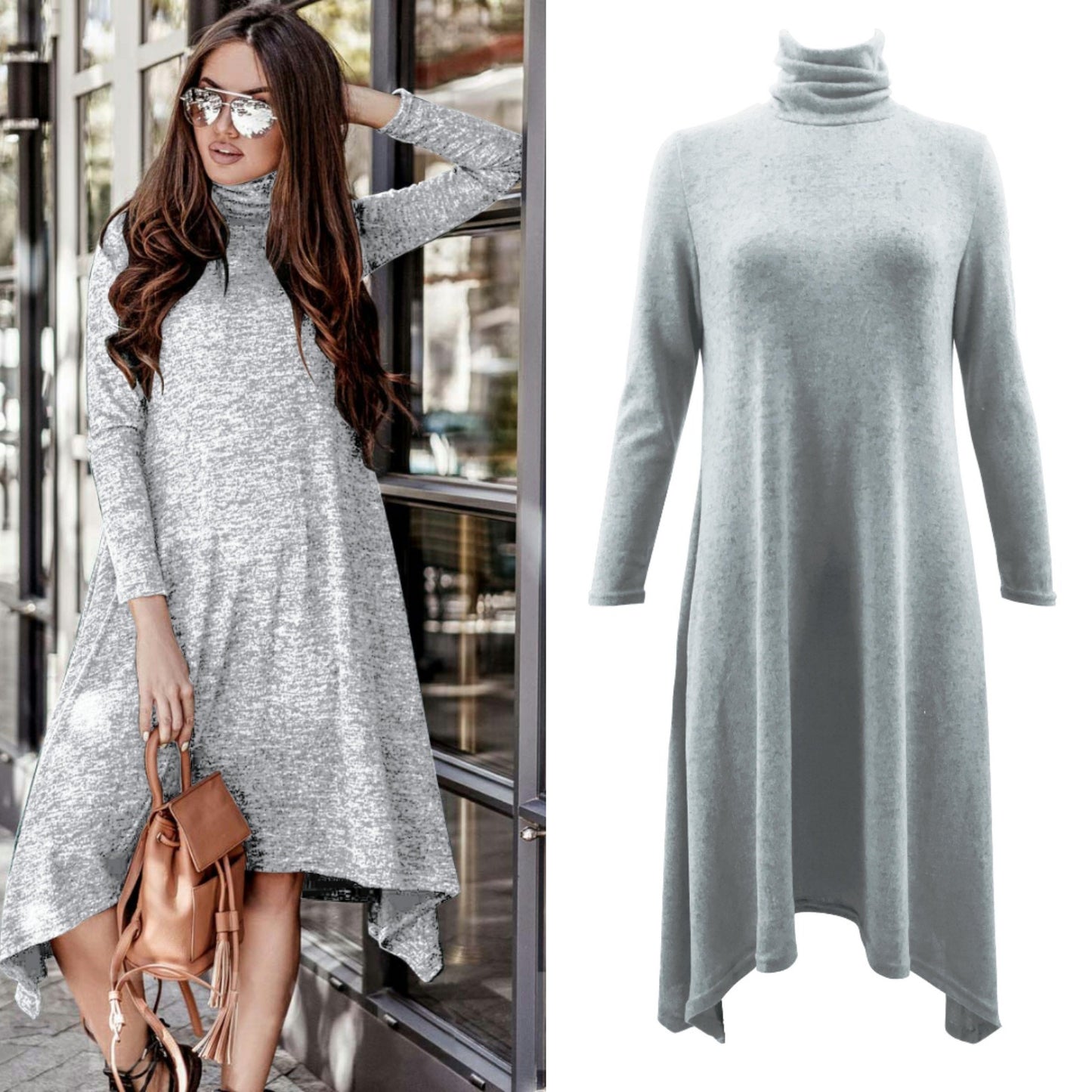 New Autumn Hot Women's High Collar Long Sleeve Solid Color Dress