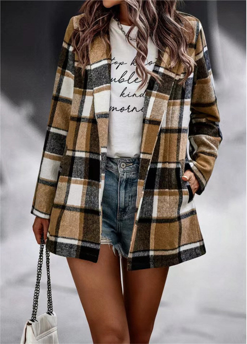 Autumn and winter 2022 women's loose check print long sleeve pocket woolen jacket cardigan top