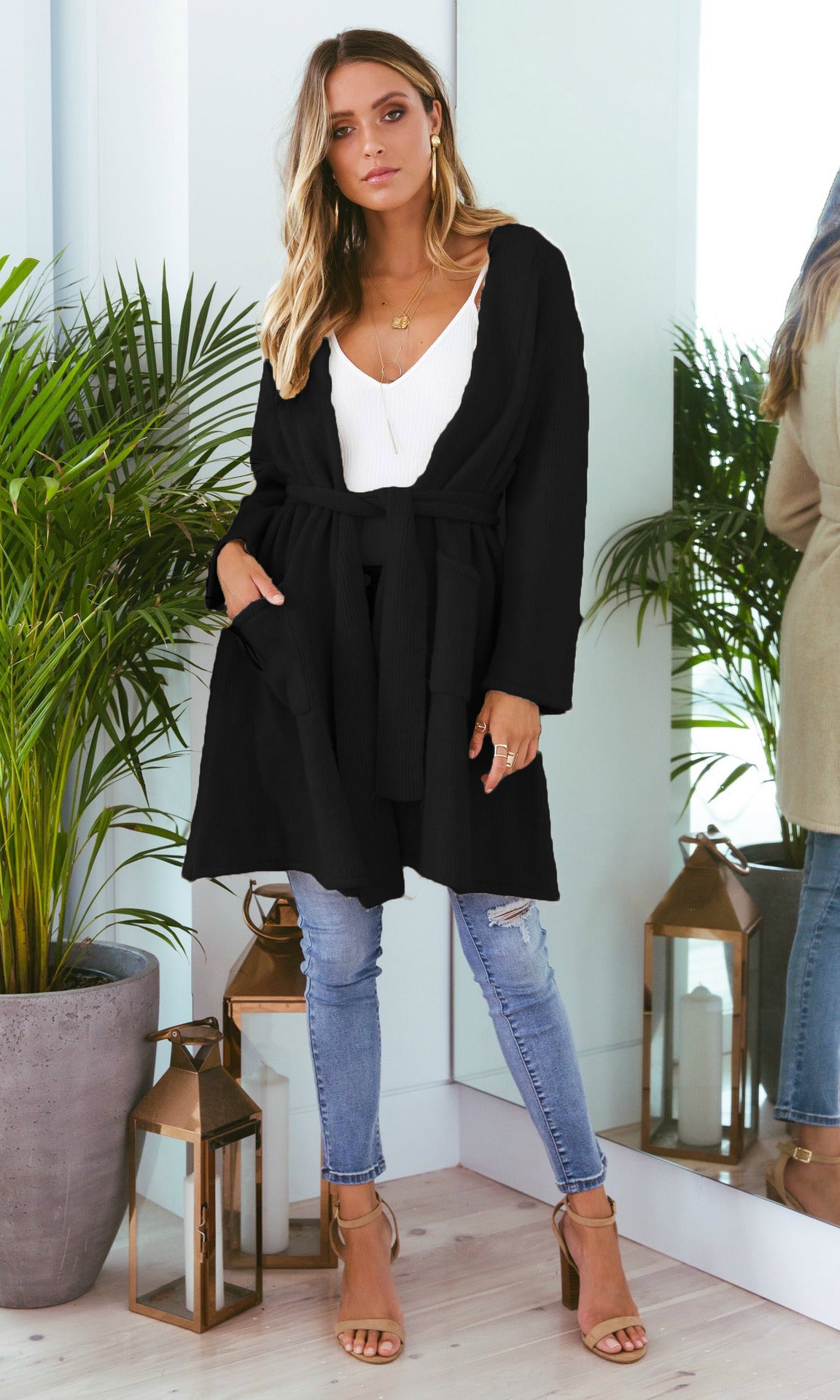 Hot autumn and winter new pocket cardigan long sleeve with belt long coat