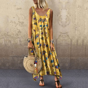 Summer Women's Casual Vacation Print Sexy Round Neck Sleeveless Dress Long Dress