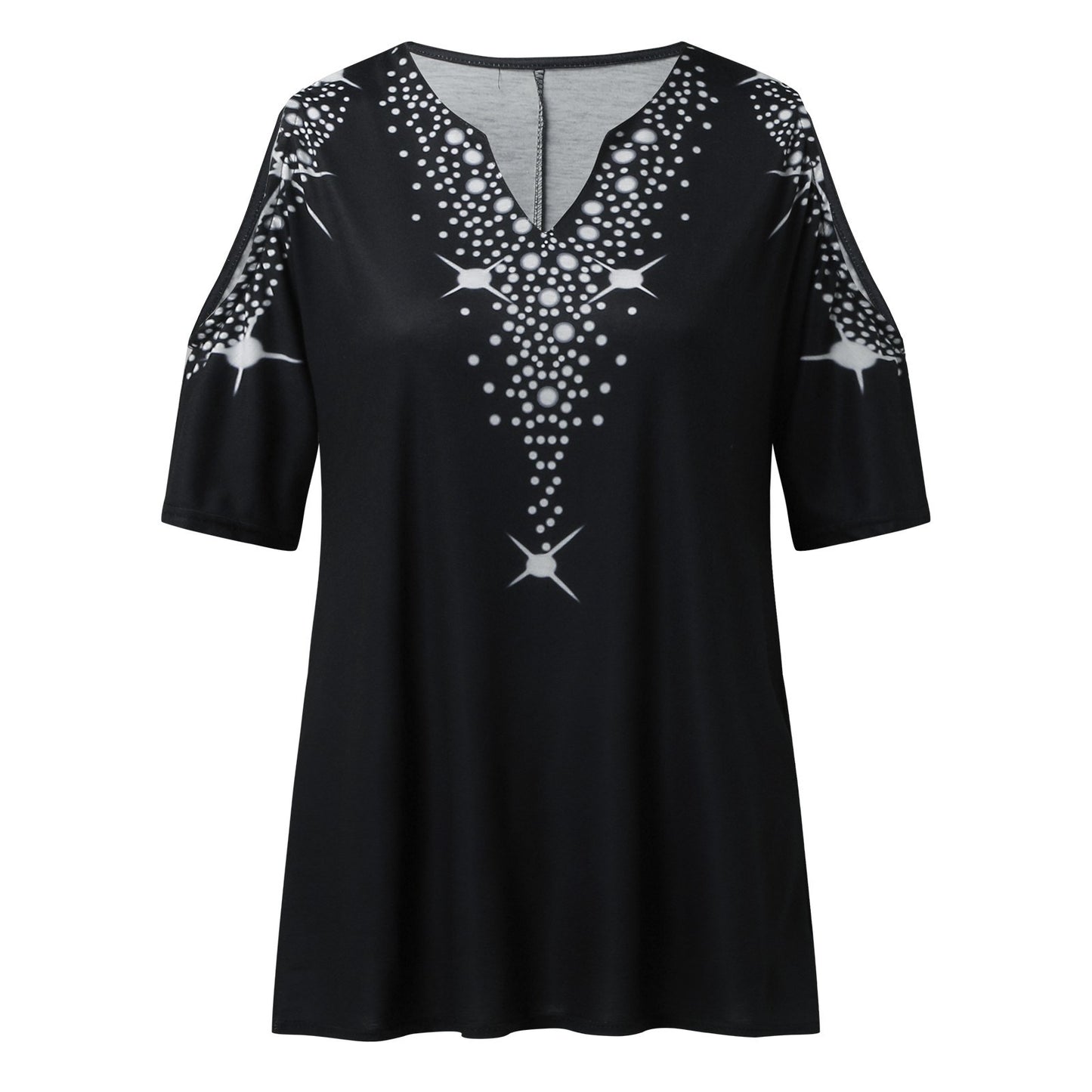 Women Fashion Sequined Tops Summer Short Sleeve Cold Shoulder V Neck Printed Club Party Shirts Elegant Casual Loose Tee Tops New