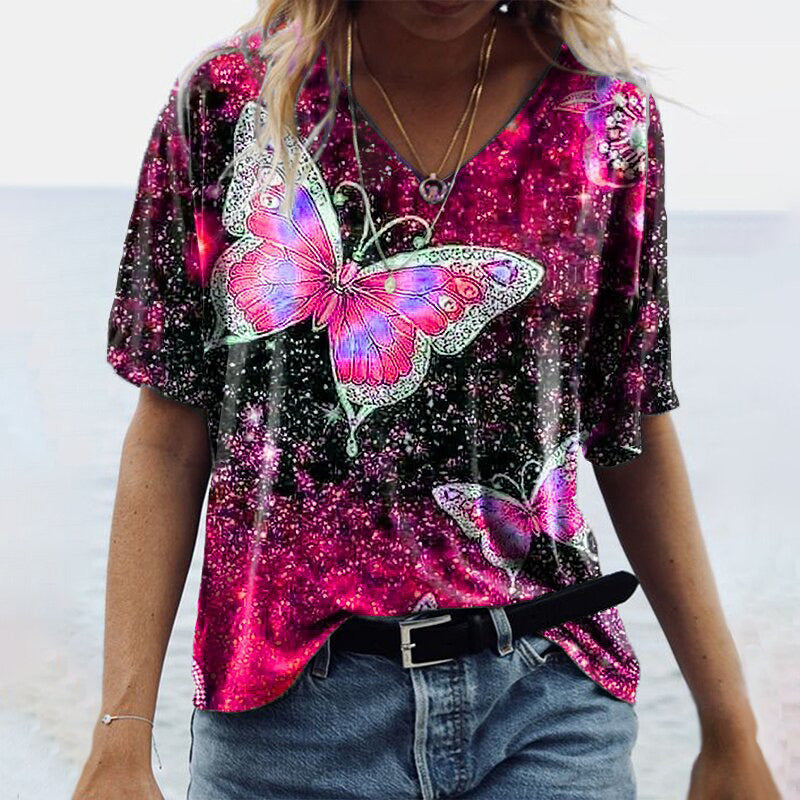 Summer Women's New Product Top Sleeve Butterfly Printed V-Neck T-Shirt