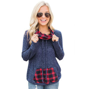 autumn and winter new European and American women's pile pile plaid stitching casual T-shirt sweater