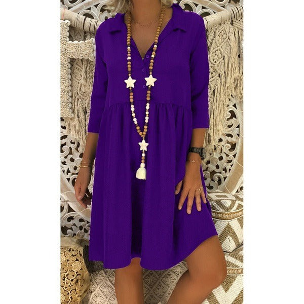 Best Selling Large Size Women's Seven-point Sleeve Deep V-neck Loose Casual Solid Color Dress