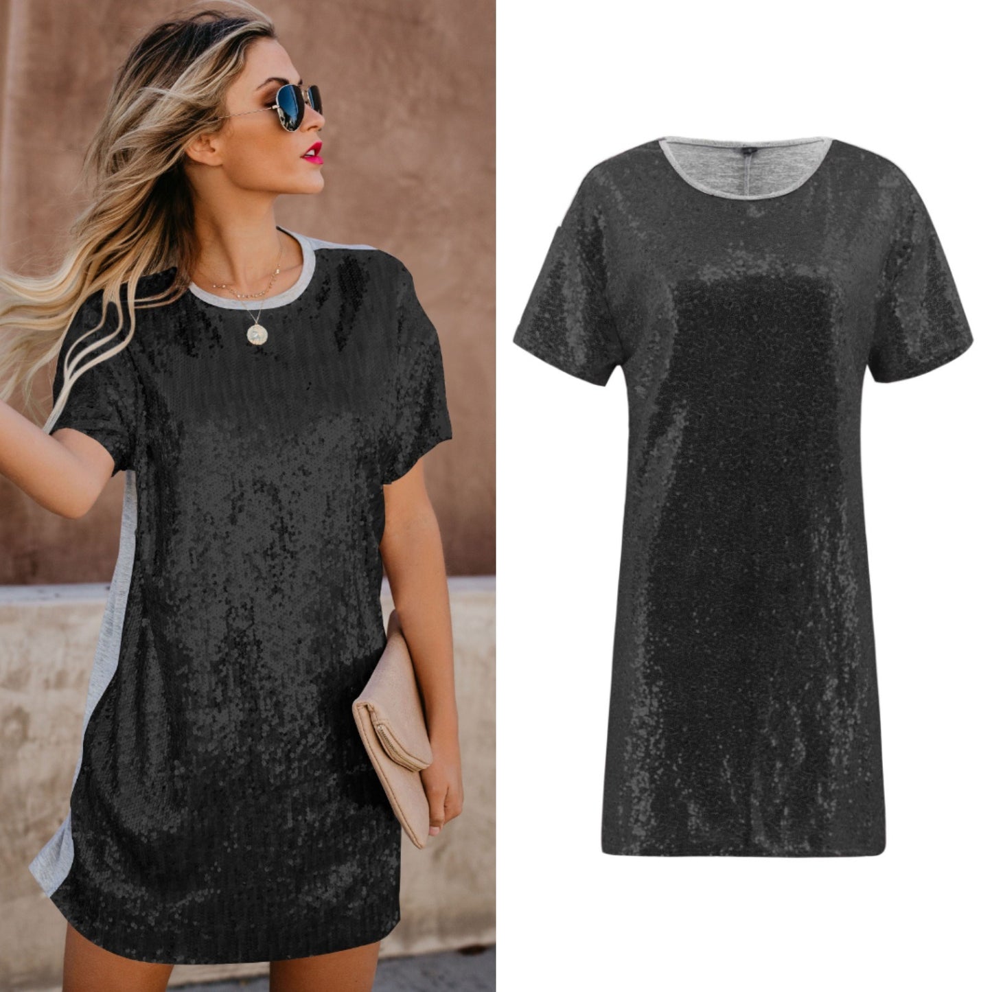 Best Selling Spring and Summer Women's Short Skirt Sequin Stitching Short-sleeved Dress