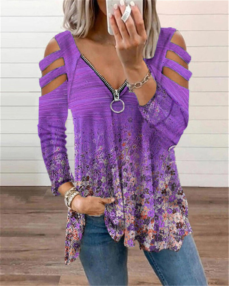 Autumn and Winter Women's Clothing V-neck Small Floral Zipper Long-sleeved Loose T-shirt Top