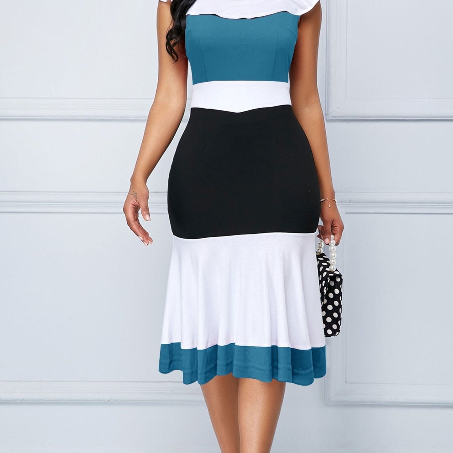 Color Block Ruffle Trim Slim Dress; Sleeveless Pencil Dress For Spring & Summer