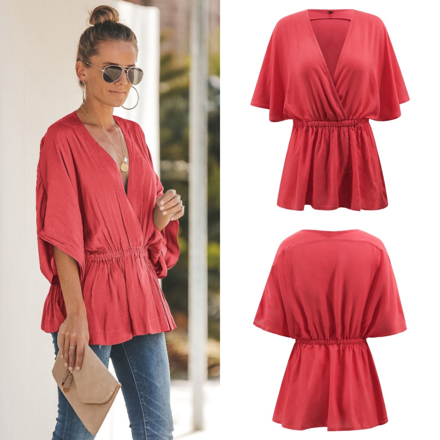 Spring New Loose Bat Sleeve V-neck Shirt Top