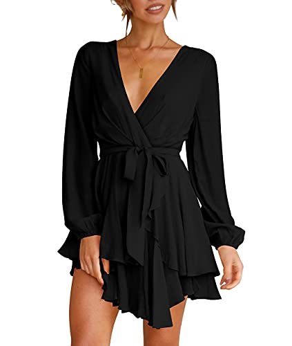 Women's Dress Deep V-Neck Long Sleeve Waist Tie Ruffle Mini Swing Skater Dresses