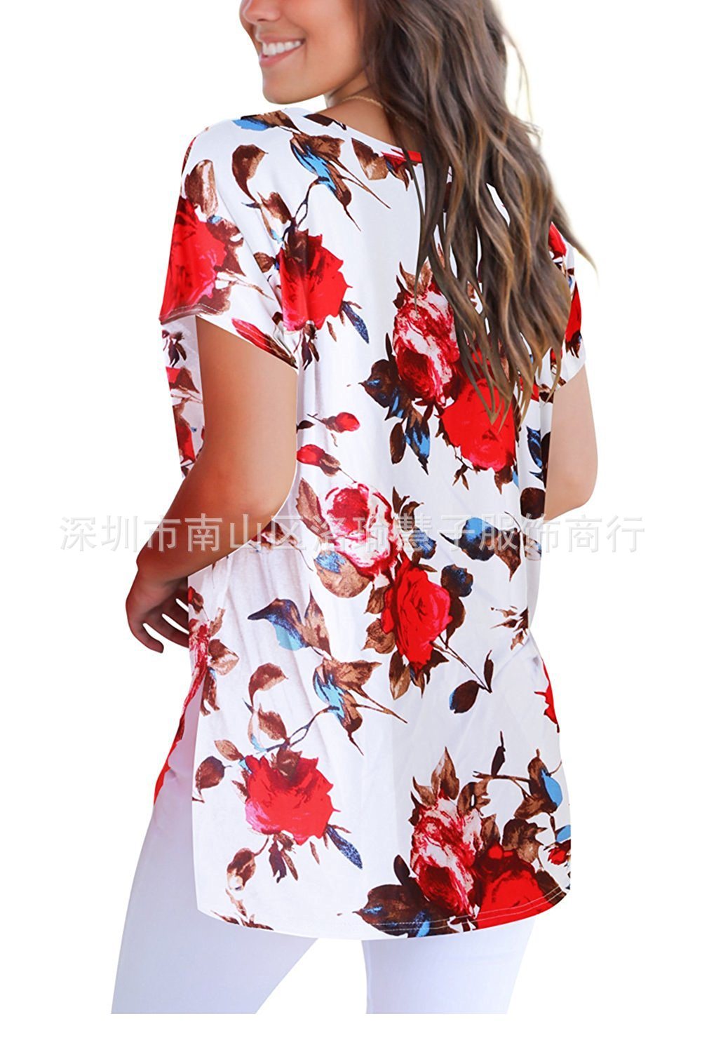 New women's V-neck print short front long split t-shirt