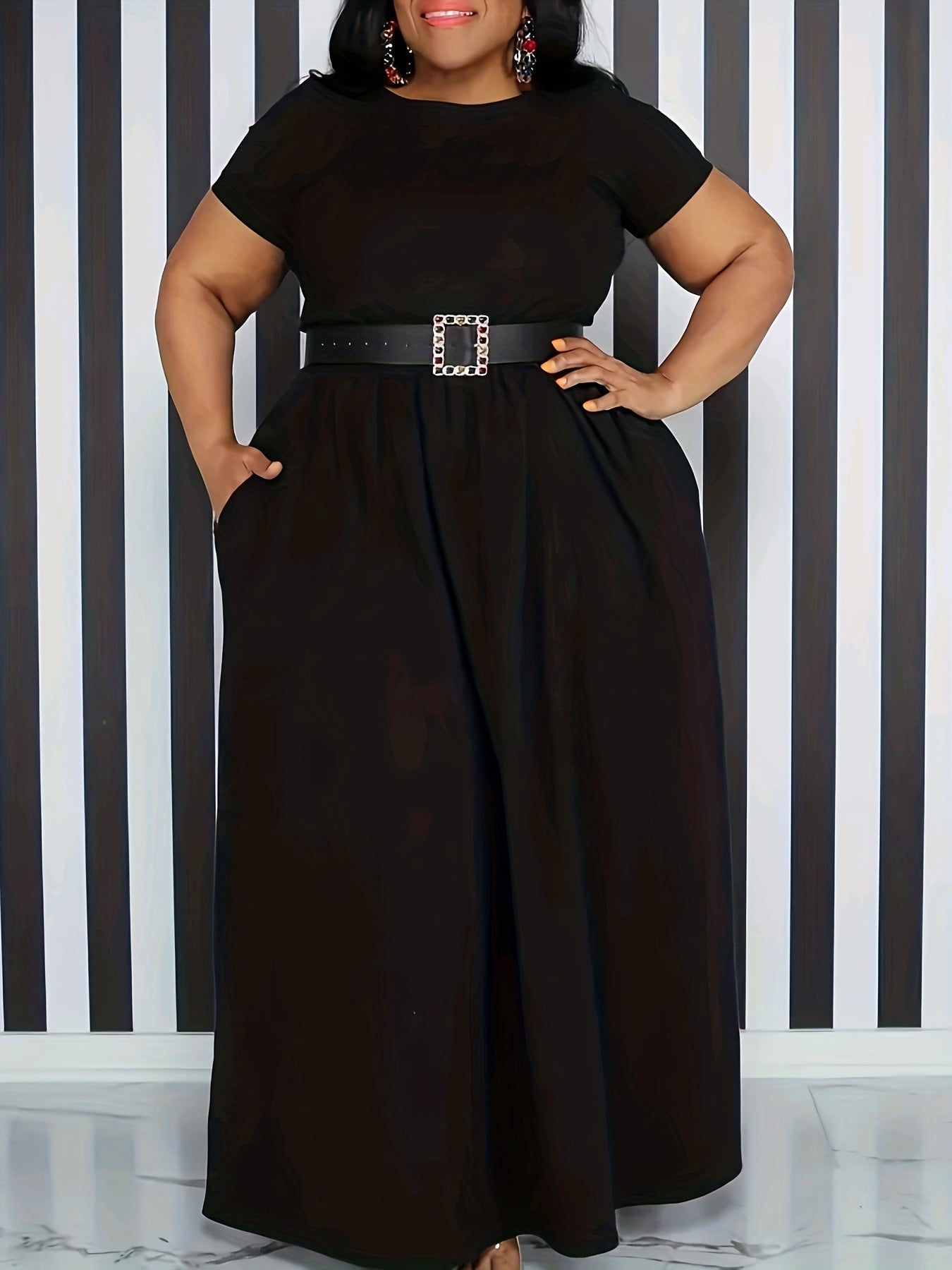 Plus Size Solid Short Sleeve Maxi Dress; Women's Plus Medium Stretch Elegant Long Dress