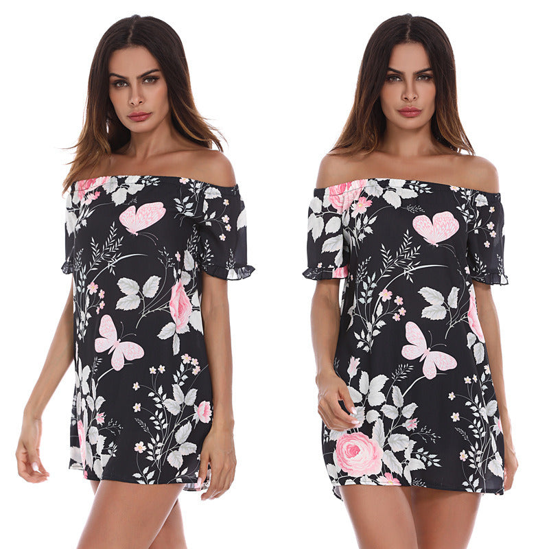 spring and summer new women's one-shoulder printed short-sleeved shirt