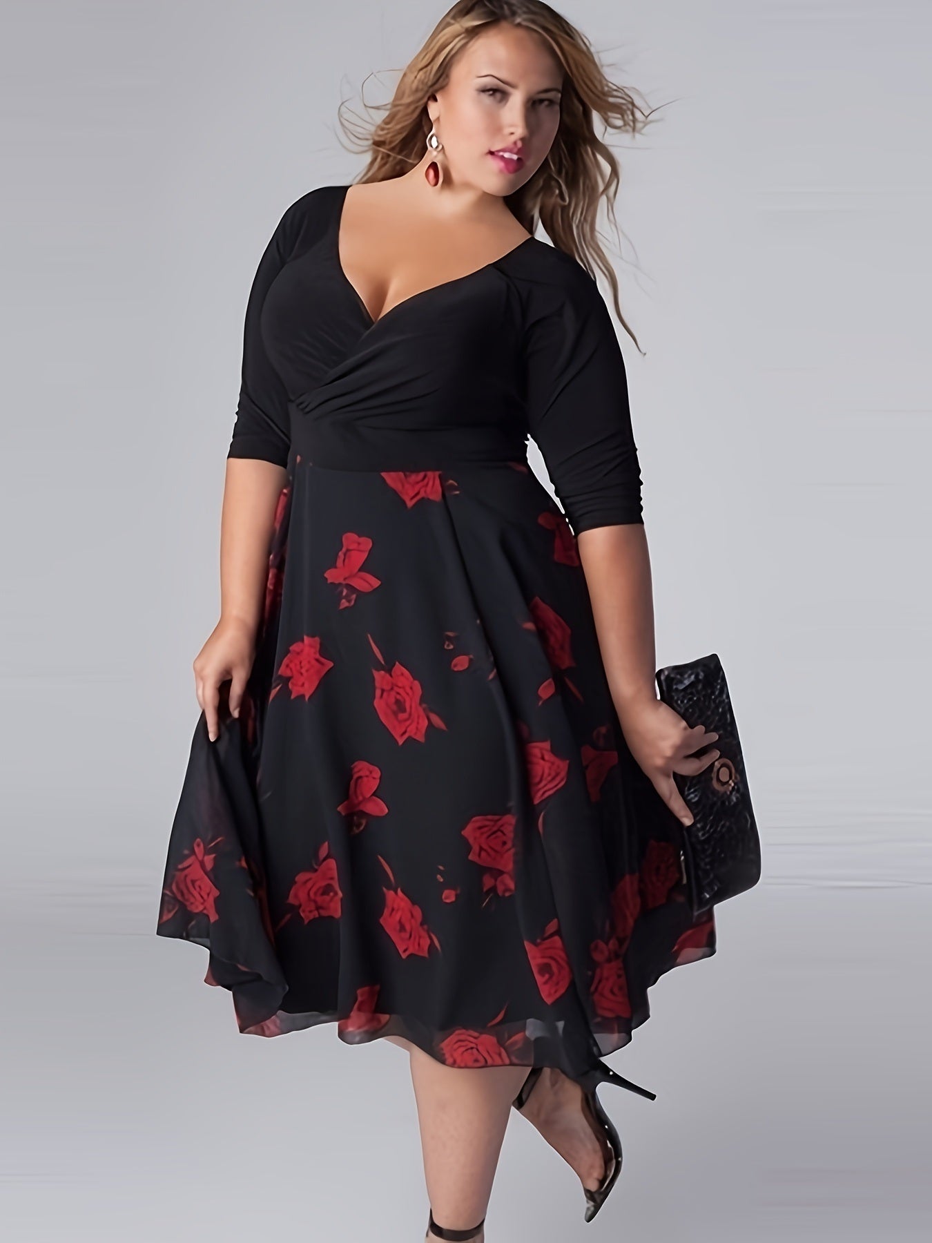 Plus Size Elegant Dress; Women's Plus Floral Print Half Sleeve Surplice Neck Contrast Mesh Dress