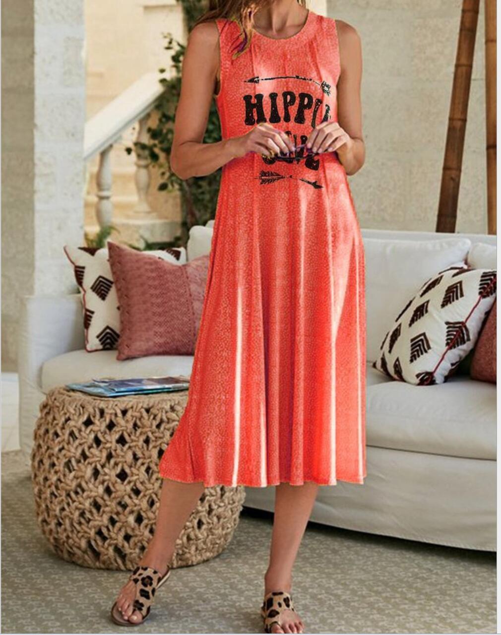 Summer new women's simple letter printing casual long round neck sleeveless vest dress