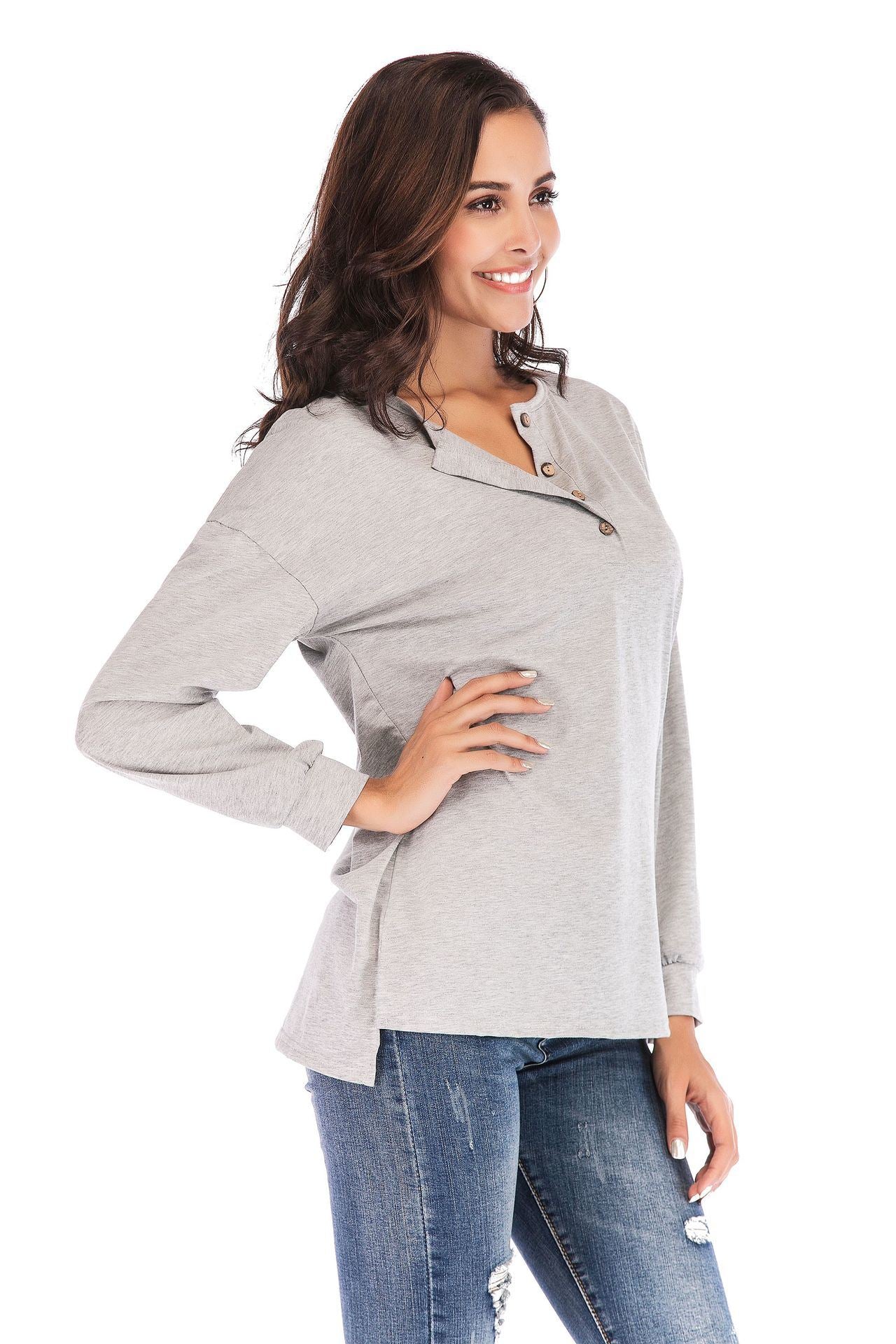 New women's side slit long sleeve button solid color shirt T-shirt